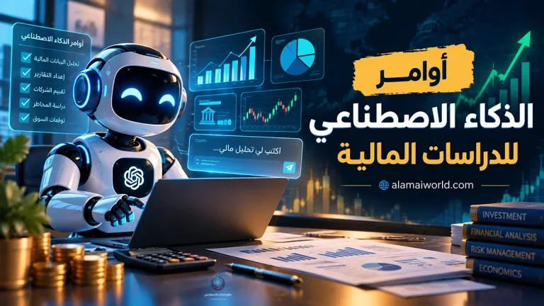 روبوت ذكاء اصطناعي يجلس أمام حاسوب محمول ويحلل البيانات والتقارير المالية، مع ظهور رسوم بيانية ومؤشرات سوقية وأوامر تحليل مالي رقمية في الخلفية، إلى جانب عملات وكتب عن الاستثمار والتحليل المالي، مع عبارة «أوامر الذكاء الاصطناعي للدراسات المالية» وشعار موقع عالم الذكاء الاصطناعي.