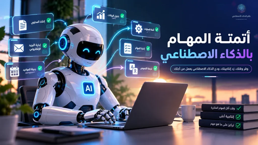 روبوت ذكاء اصطناعي يعمل على حاسوب محمول وتحيط به واجهات رقمية لإدارة البريد الإلكتروني وإنشاء المحتوى وتحليل البيانات وجدولة المواعيد، في توضيح لمفهوم أتمتة المهام بالذكاء الاصطناعي.