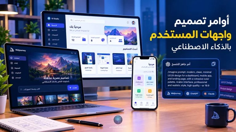 أوامر تصميم واجهات المستخدم بالذكاء الاصطناعي، صورة توضيحية تعرض واجهة لوحة تحكم على شاشة كمبيوتر، وتصميم صفحة هبوط على حاسوب محمول، وواجهة تطبيق موبايل، مع أوامر جاهزة لتصميم واجهات المستخدم باستخدام أدوات الذكاء الاصطناعي مثل Midjourney وChatGPT.